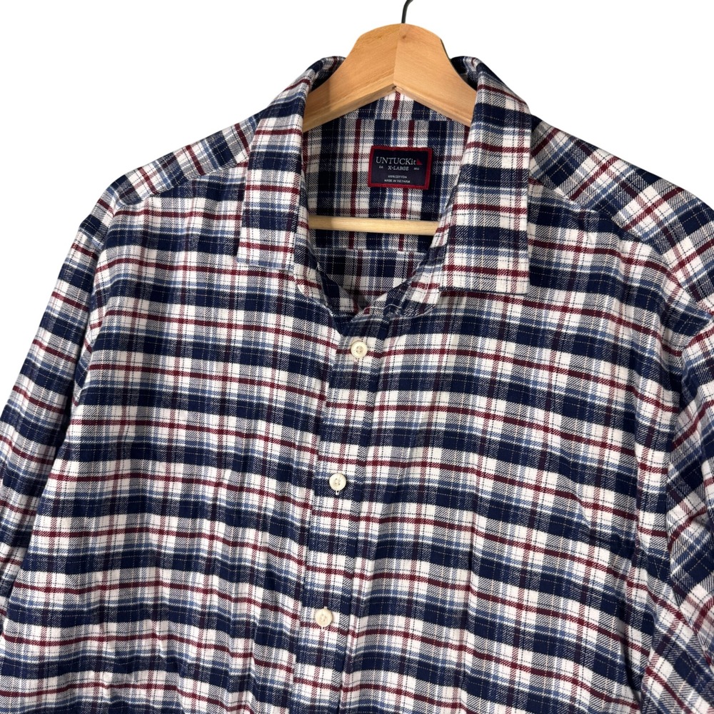 UNTUCKit Mens XL Plaid Flannel Button Down Shirt Navy Blue Red White Cotton